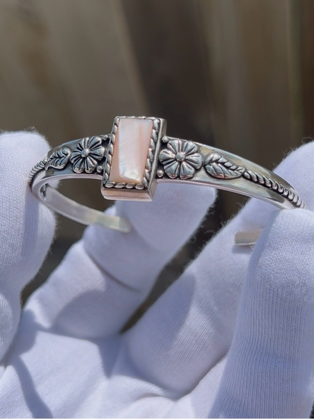 Pink Mother of Pearl Floral Cuff Bracelet Sterling Silver